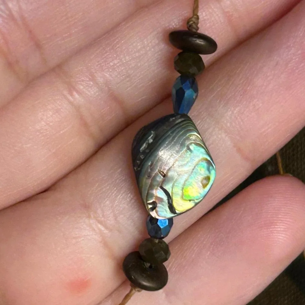 Abalone dainty necklace cord czech glass beachy adjustable blue cottagecore boho